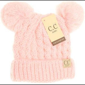 Kids Double Pom Knit Beanie Hat - Pale Pink